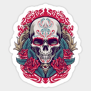 Cool Day of the Dead Sugar Skull with Roses Sticker